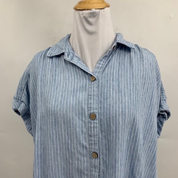 Faherty Shirt Womens S Small Linen Blend Breeze Stripe Button Cap Sleeve Cuffed - Picture 3 of 12